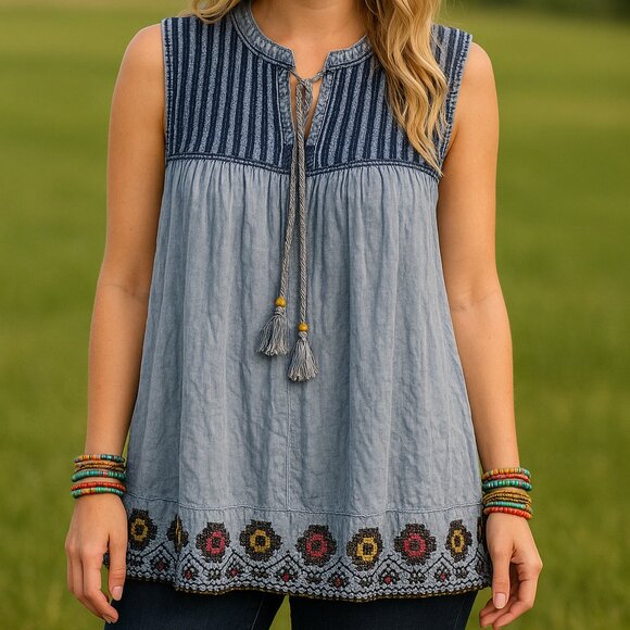 NWT Rachel Zoe Top Sz 1X  Blue Embroidered Tassel Tie Mineral Wash Boho Festival - Picture 1 of 14